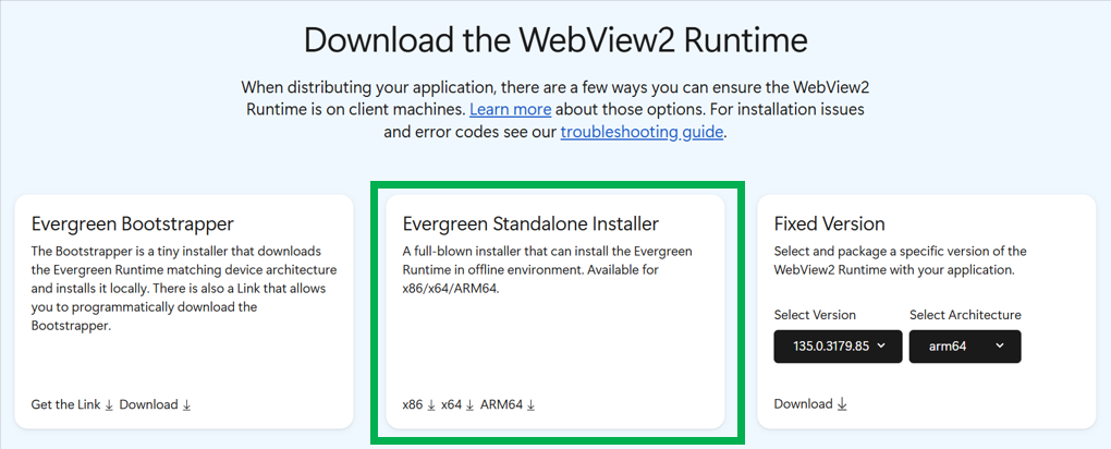 WebView2 Runtime download page with different software options.